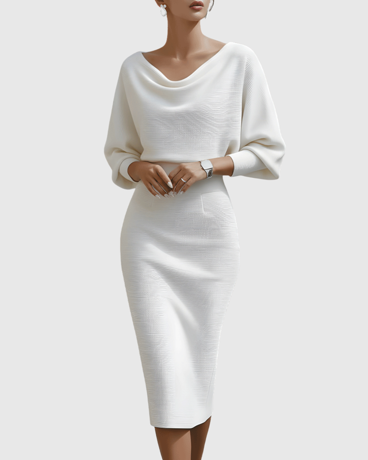 Ismeria | White Batwing Sleeve Draped Midi Dress