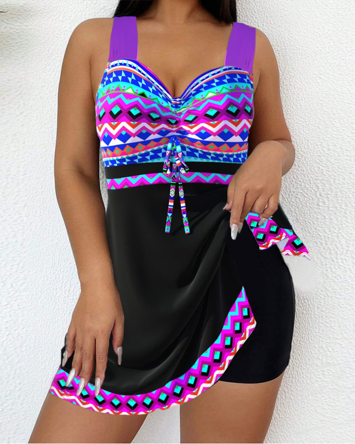 Swimsuit with drawstring and striped pattern