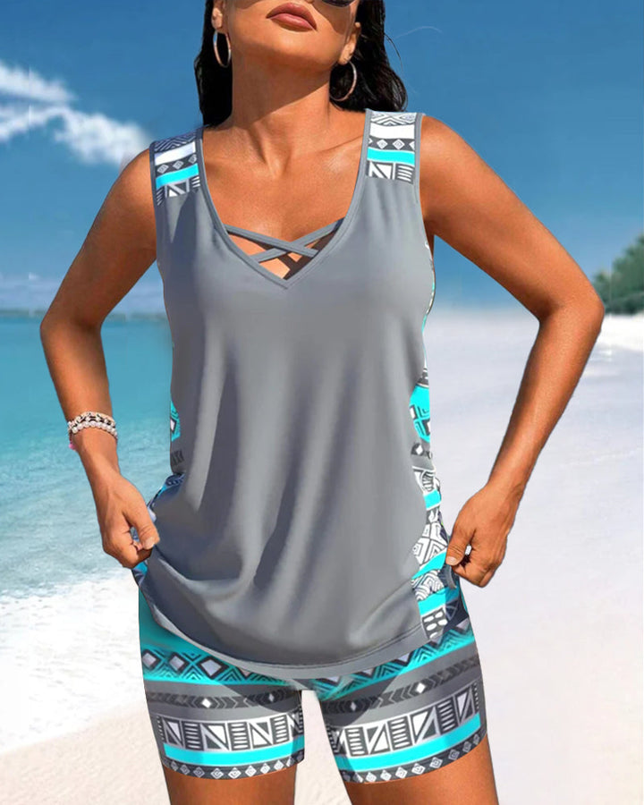 Tankinis with Geometric Pattern and V-Neck
