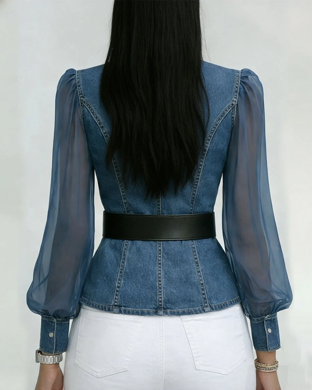 Vessa™ | Denim Top with Chiffon Sleeves