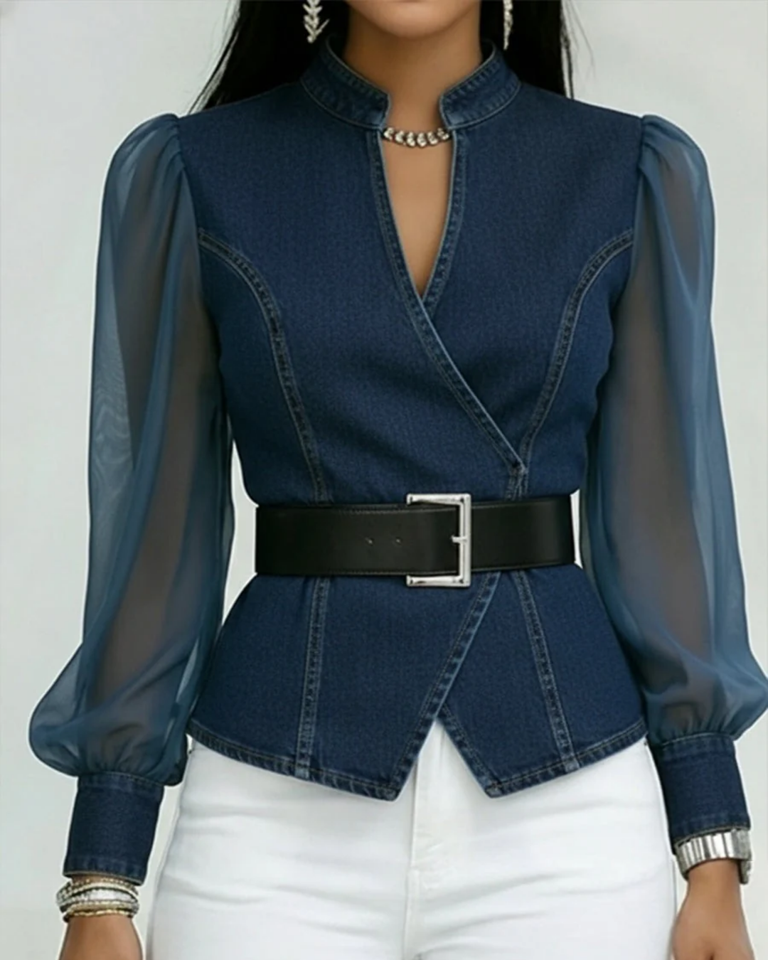 Vessa™ | Denim Top with Chiffon Sleeves