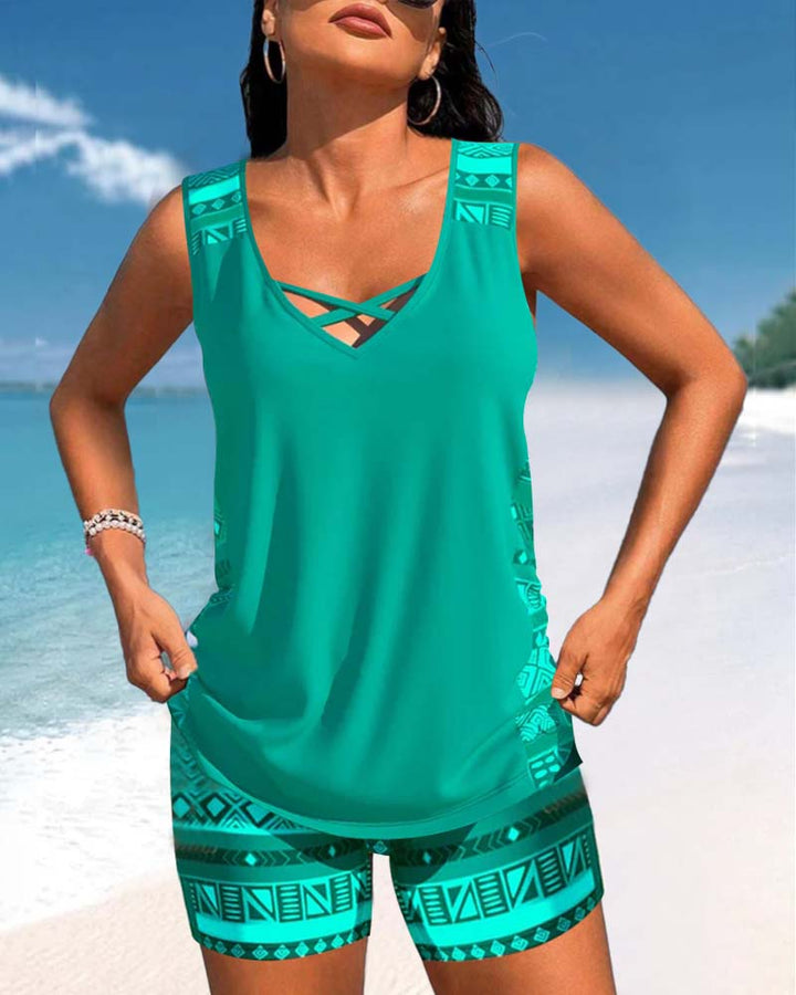 Tankinis with Geometric Pattern and V-Neck