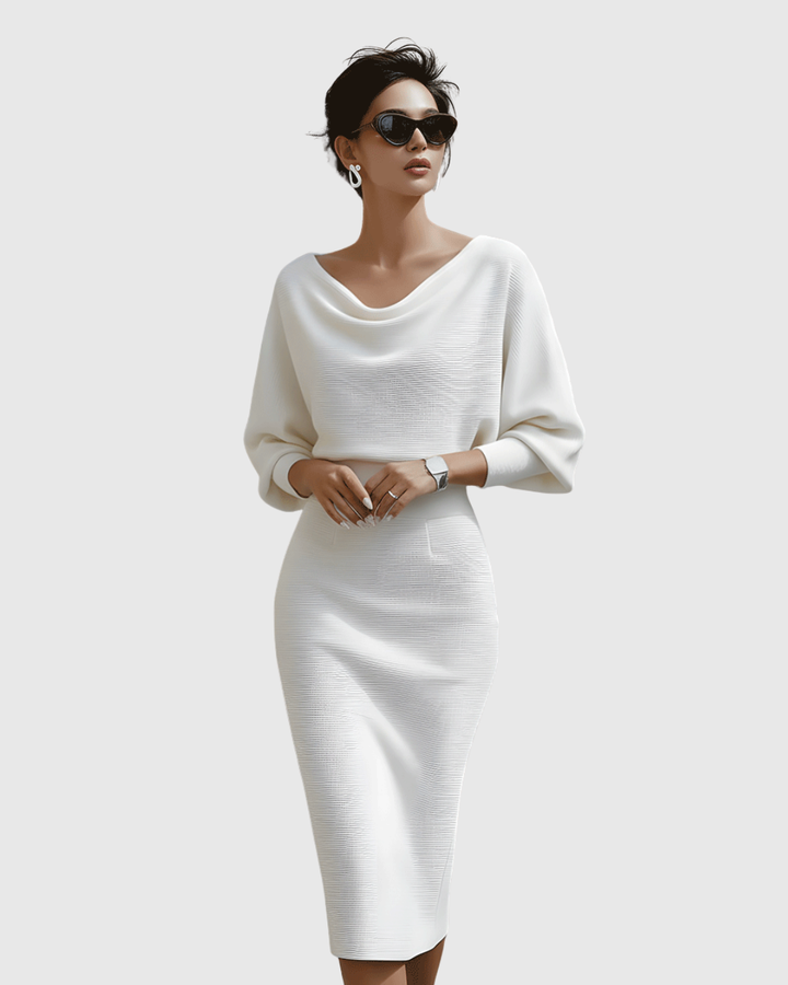 Ismeria | White Batwing Sleeve Draped Midi Dress