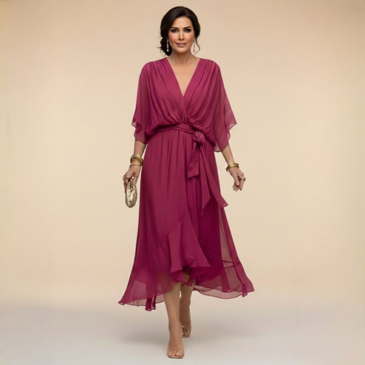 Monica™ | Elegant Chiffon Dress with V-Neck