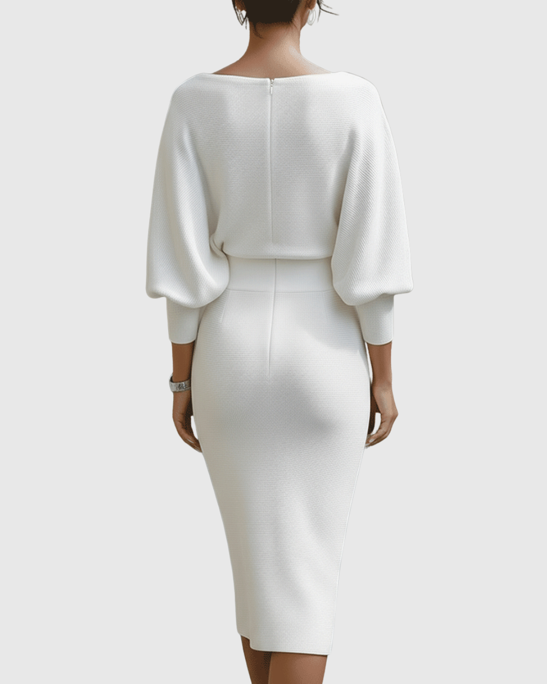 Ismeria | White Batwing Sleeve Draped Midi Dress