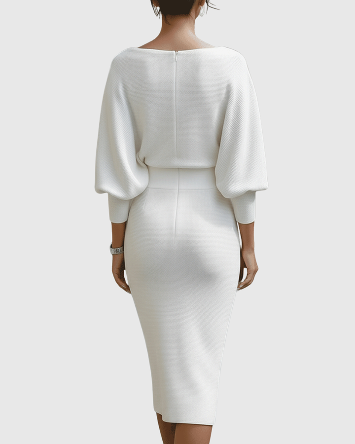 Ismeria | White Batwing Sleeve Draped Midi Dress