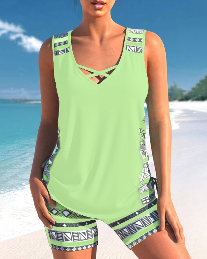Tankinis with Geometric Pattern and V-Neck