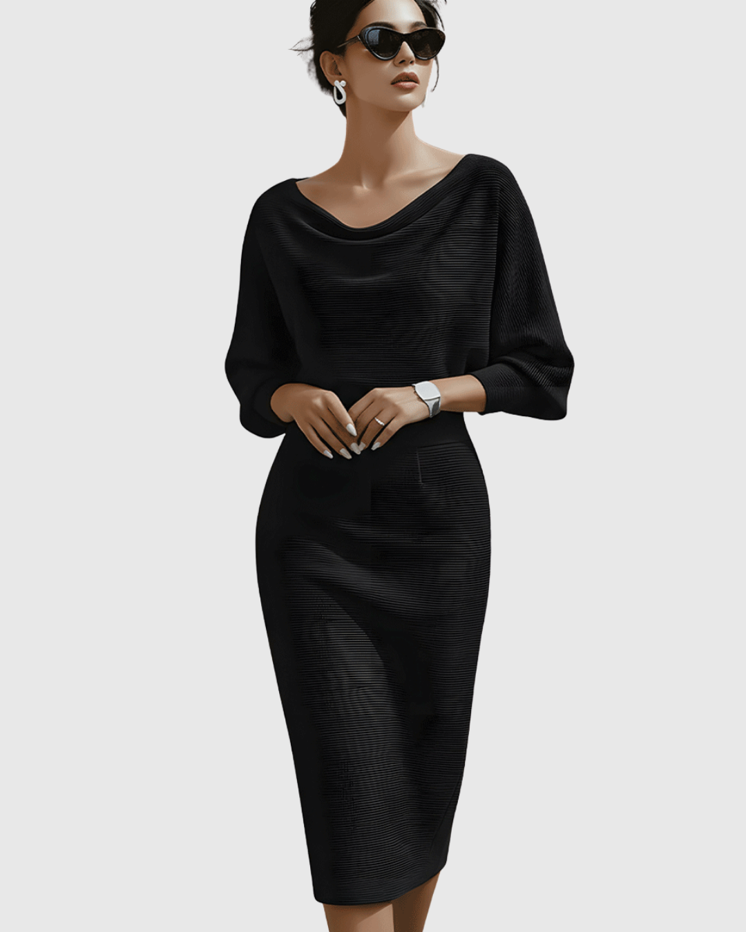 Ismeria | White Batwing Sleeve Draped Midi Dress