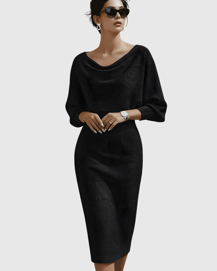 Ismeria | White Batwing Sleeve Draped Midi Dress