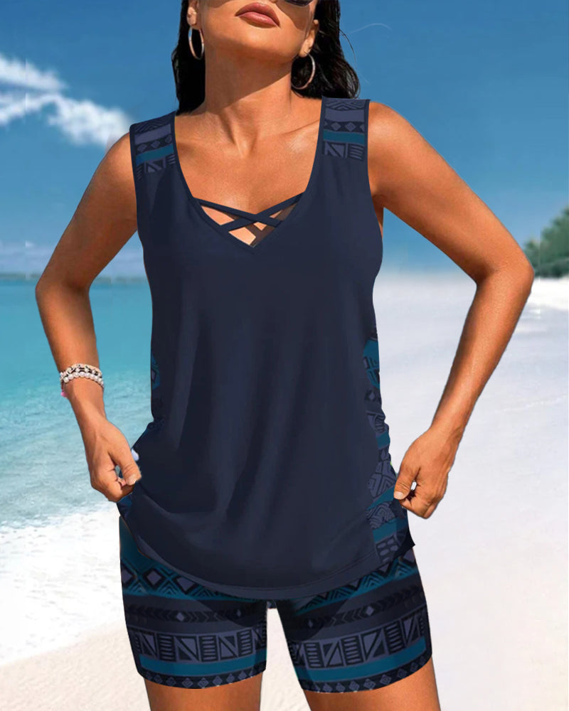 Tankinis with Geometric Pattern and V-Neck