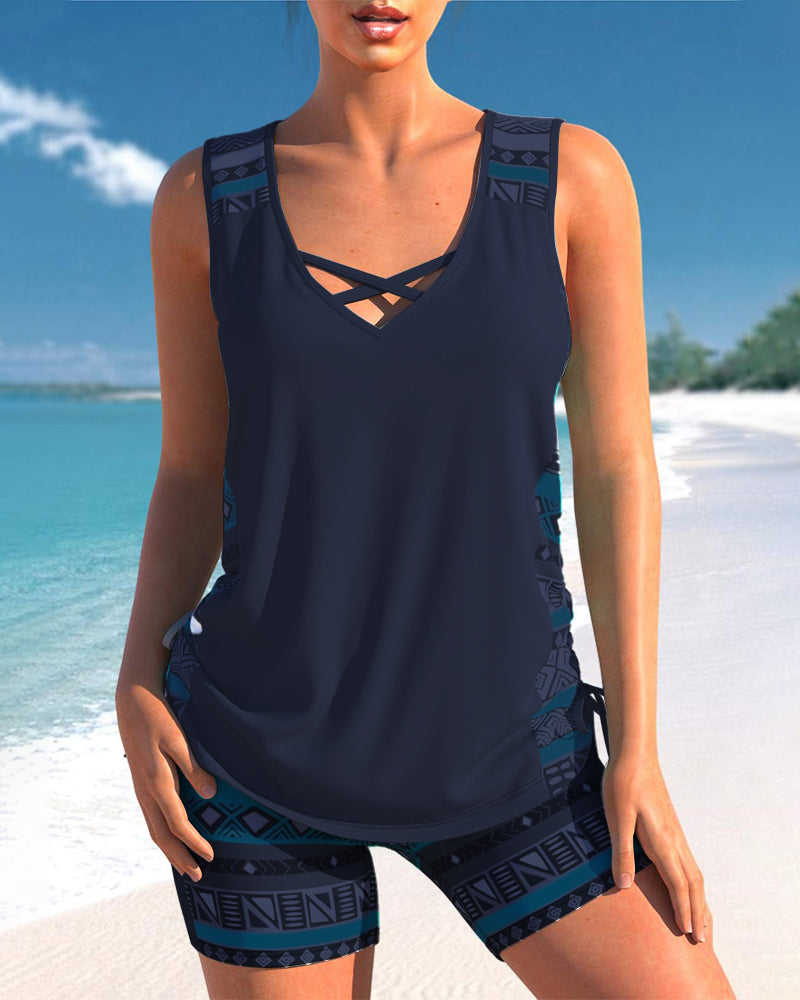 Tankinis with Geometric Pattern and V-Neck