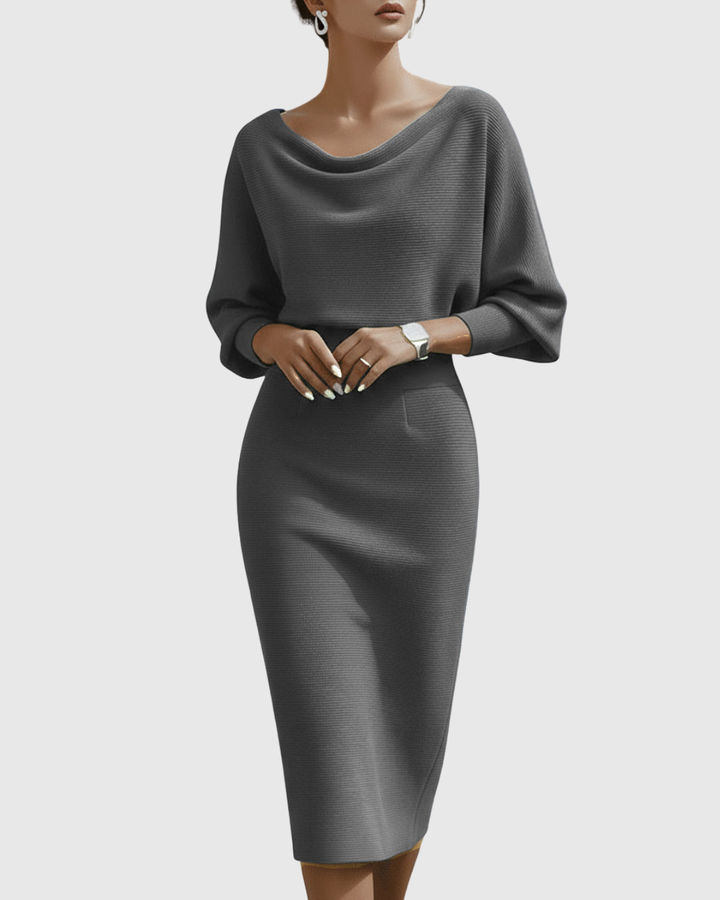 Ismeria | White Batwing Sleeve Draped Midi Dress