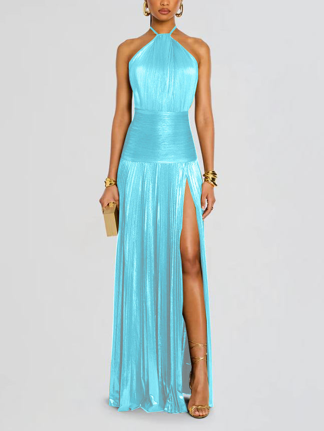 Trendy Metallic Pleated Halter Dress