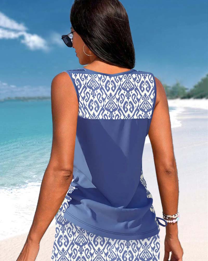 Tankinis with Geometric Pattern and V-Neck