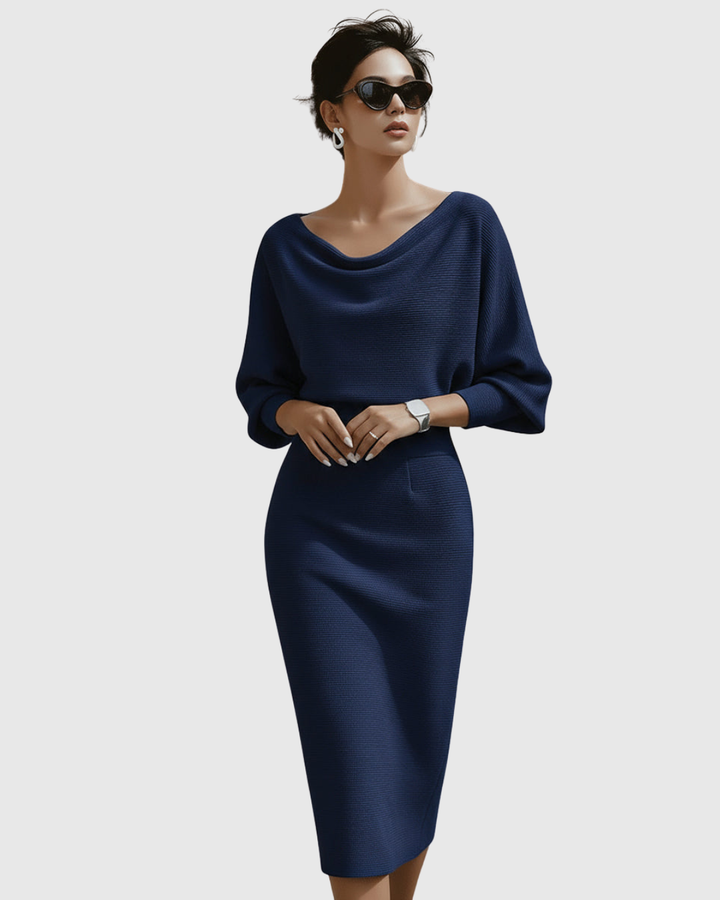 Ismeria | White Batwing Sleeve Draped Midi Dress