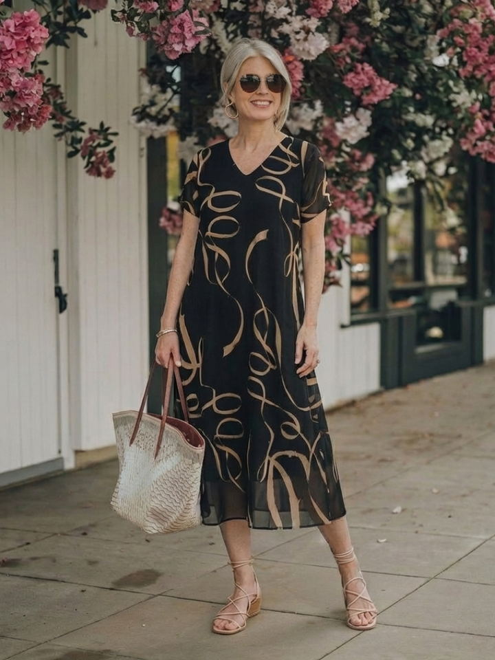 Adèle – Fluid Midi Dress with Abstract Print