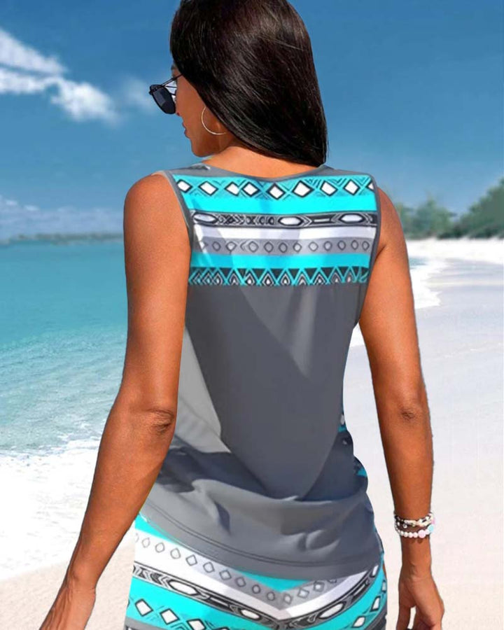 Tankinis with Geometric Pattern and V-Neck