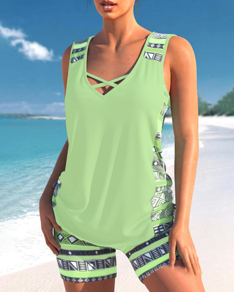 Tankinis with Geometric Pattern and V-Neck
