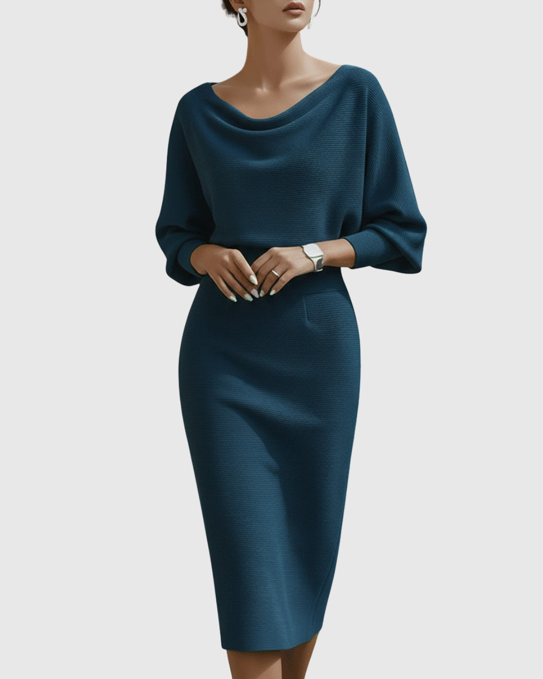 Ismeria | White Batwing Sleeve Draped Midi Dress