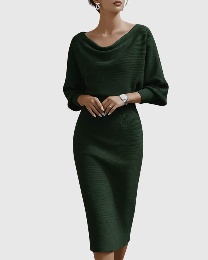 Ismeria | White Batwing Sleeve Draped Midi Dress