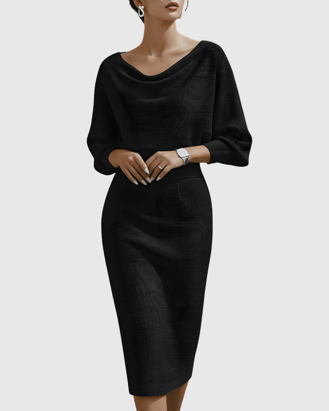 Ismeria | White Batwing Sleeve Draped Midi Dress