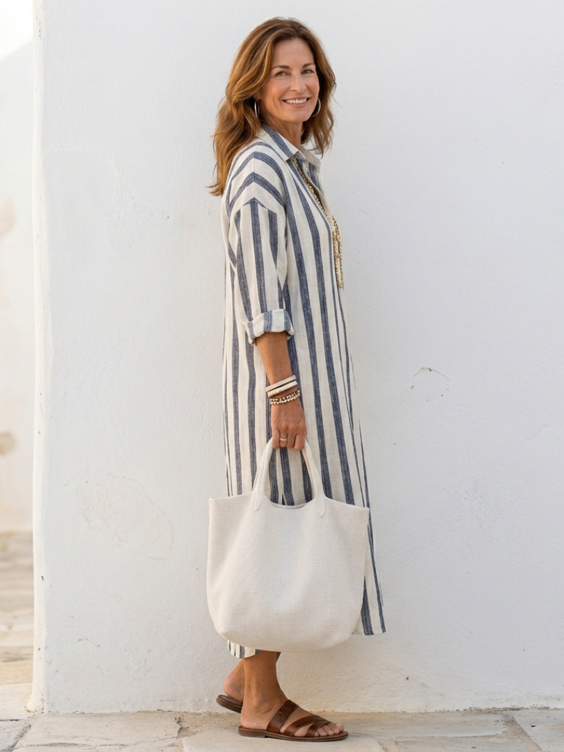 Naomi | Elegant and Comfortable Mid-Length Shirt Dress with Long Sleeves and Stripes