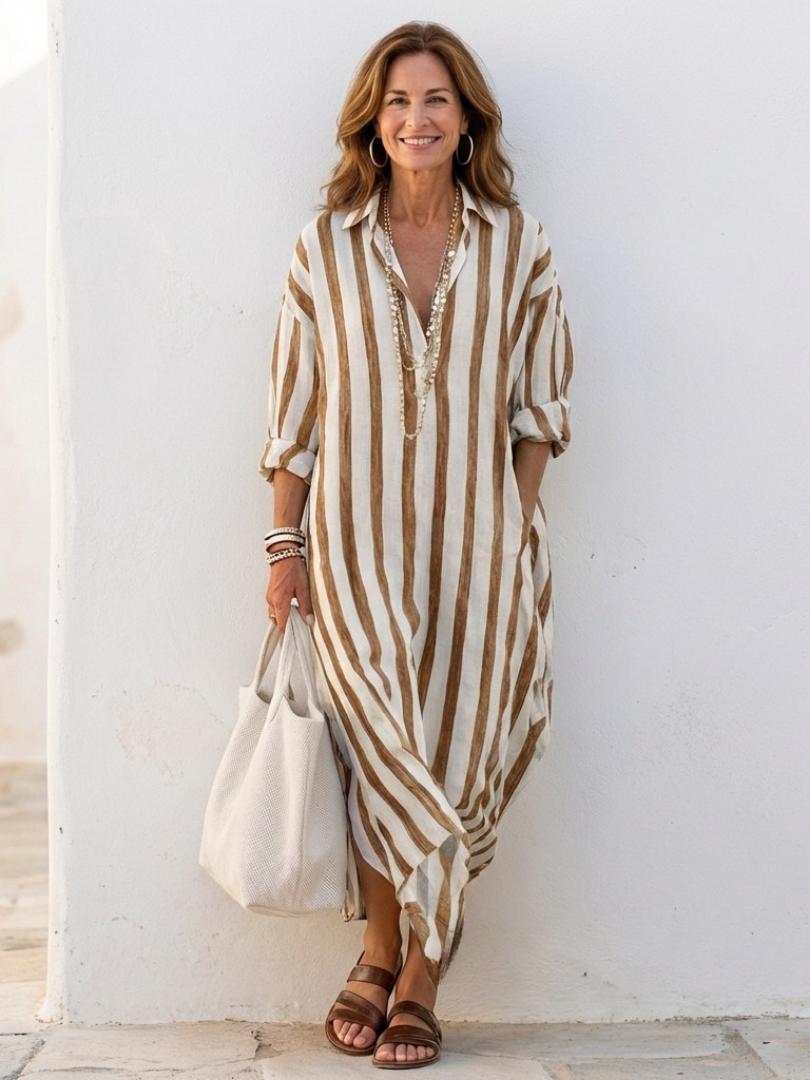 Naomi | Elegant and Comfortable Mid-Length Shirt Dress with Long Sleeves and Stripes