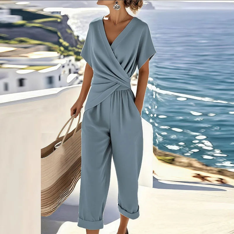 Colleen™ Elegant Two-Piece Set | Wrapped Front Top and Cut Pants