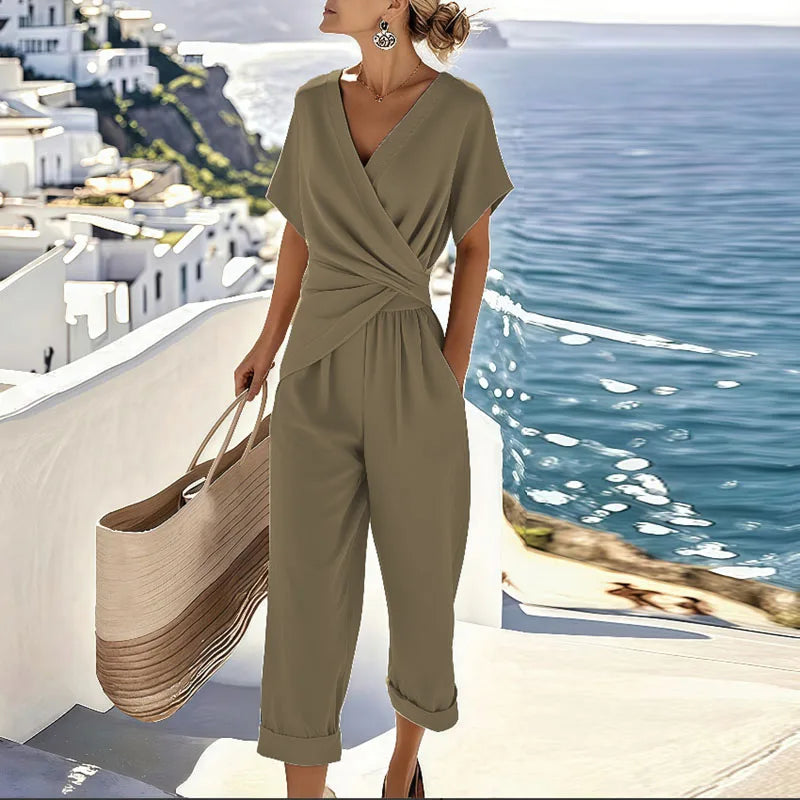 Colleen™ Elegant Two-Piece Set | Wrapped Front Top and Cut Pants