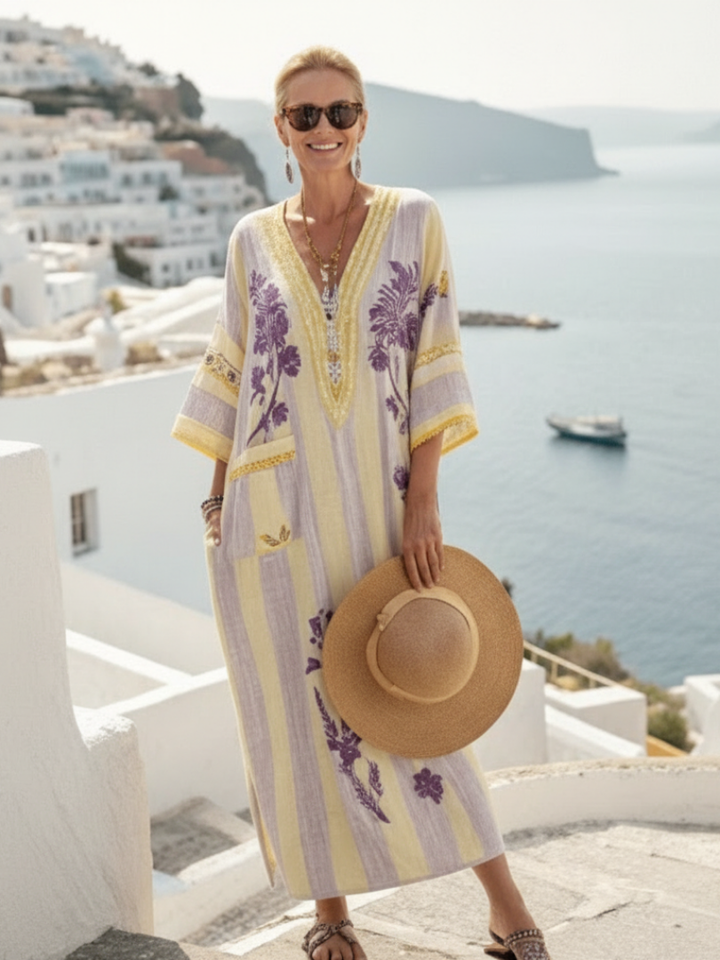 Aurelia | Elegant and Flowing Long Dress with Stripes and Floral Patterns, V-Neck and Short Sleeves