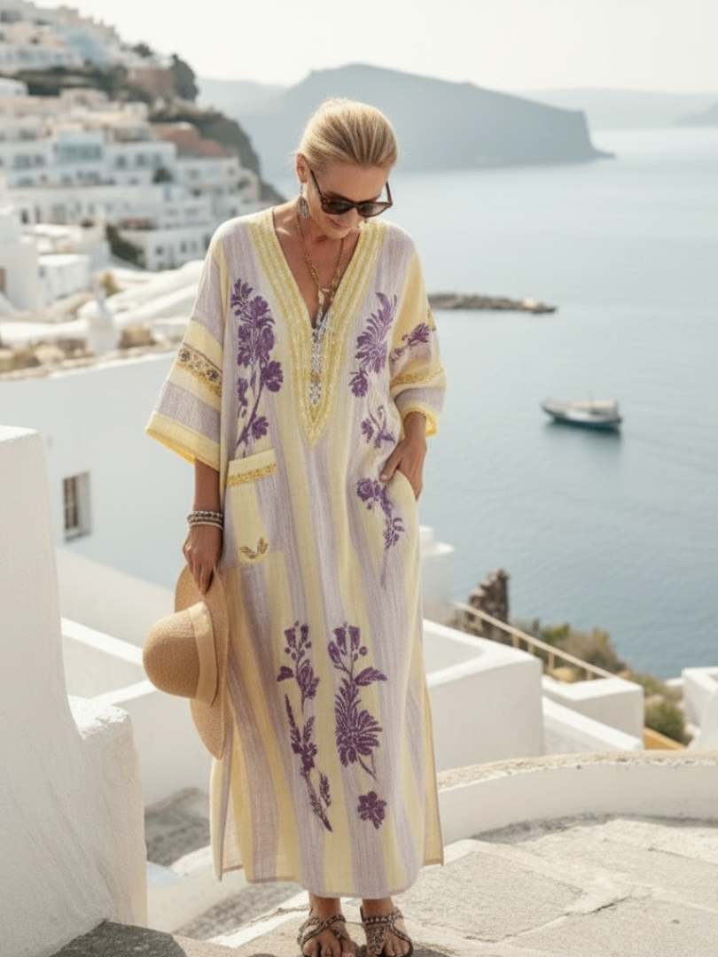 Aurelia | Elegant and Flowing Long Dress with Stripes and Floral Patterns, V-Neck and Short Sleeves