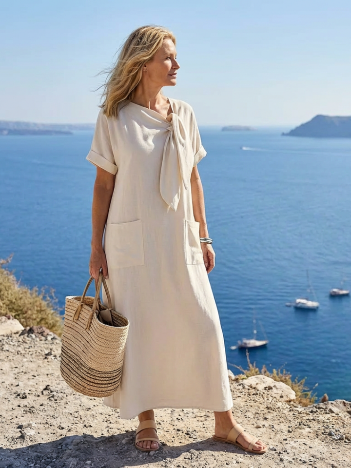 Elowyn | Elegant and Comfortable Long Dress with Round Neck, Short Sleeves, and Practical Pocket