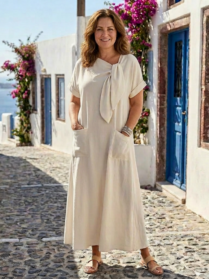 Elowyn | Elegant and Comfortable Long Dress with Round Neck, Short Sleeves, and Practical Pocket