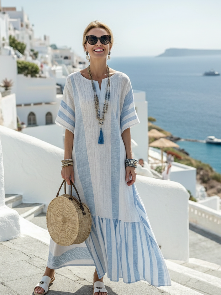 Ione | Elegant and Comfortable Long Striped Dress with Round Neck and Short Sleeves