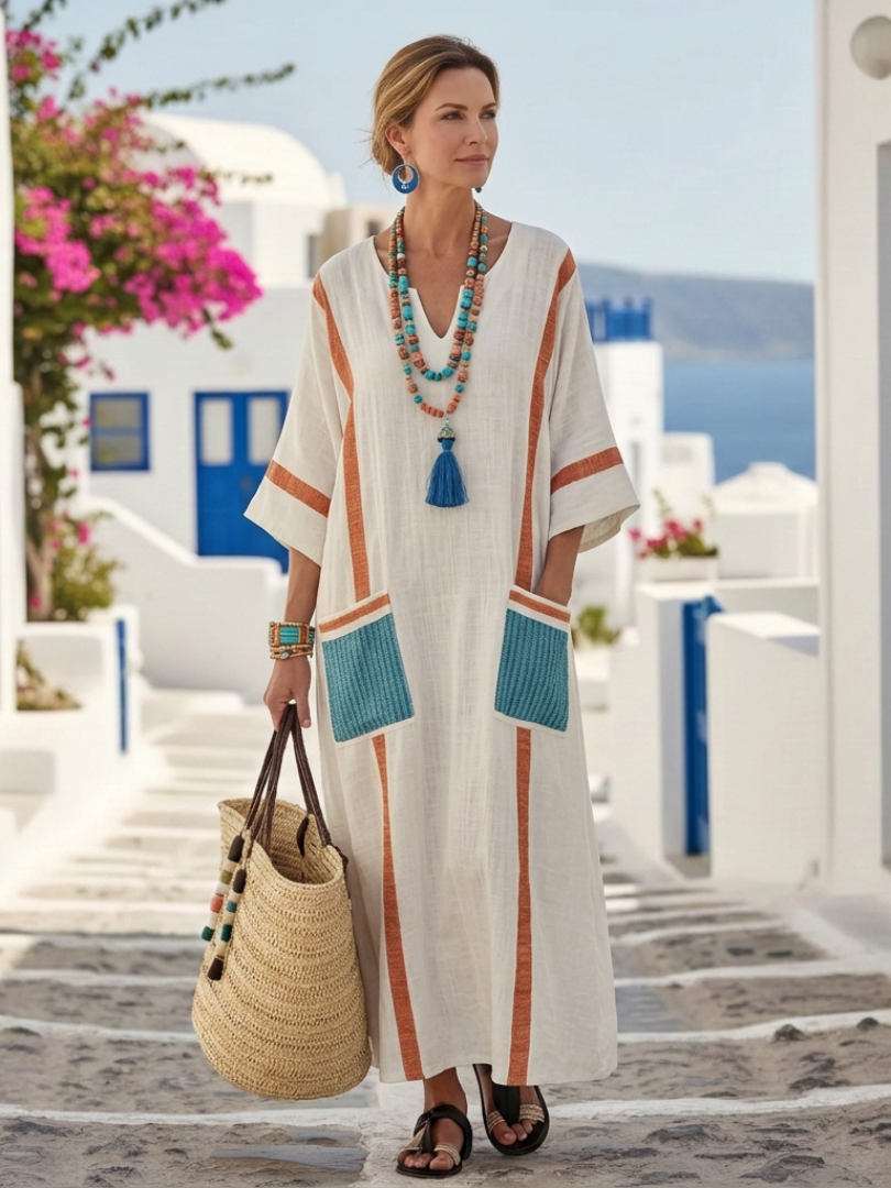 Noemi | Comfortable Long Dress with V-Neck, Short Sleeves, and Practical Pockets