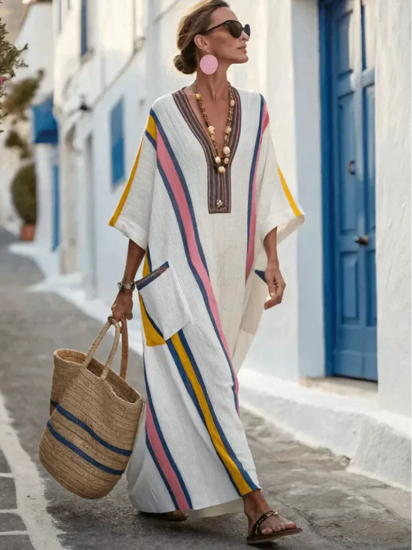 Noemi | Comfortable Long Dress with V-Neck, Short Sleeves, and Practical Pockets