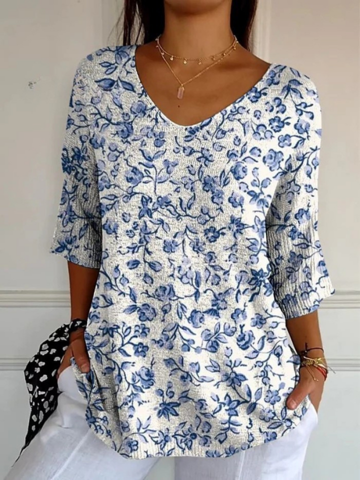 Casual Knit Sweater with Blue Floral Pattern for Women