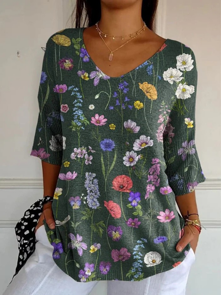 Casual Knit Sweater with Spring Botanical Print for Women