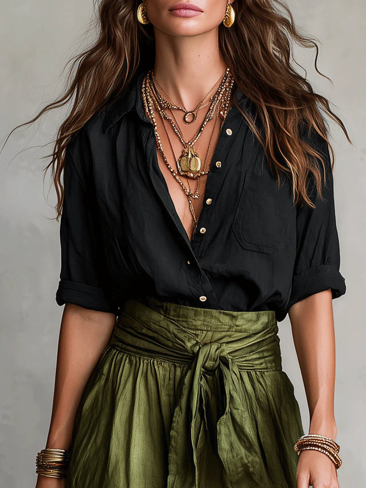 Vera | Two-Piece Set with Black T-Shirt and Olive Midi Skirt