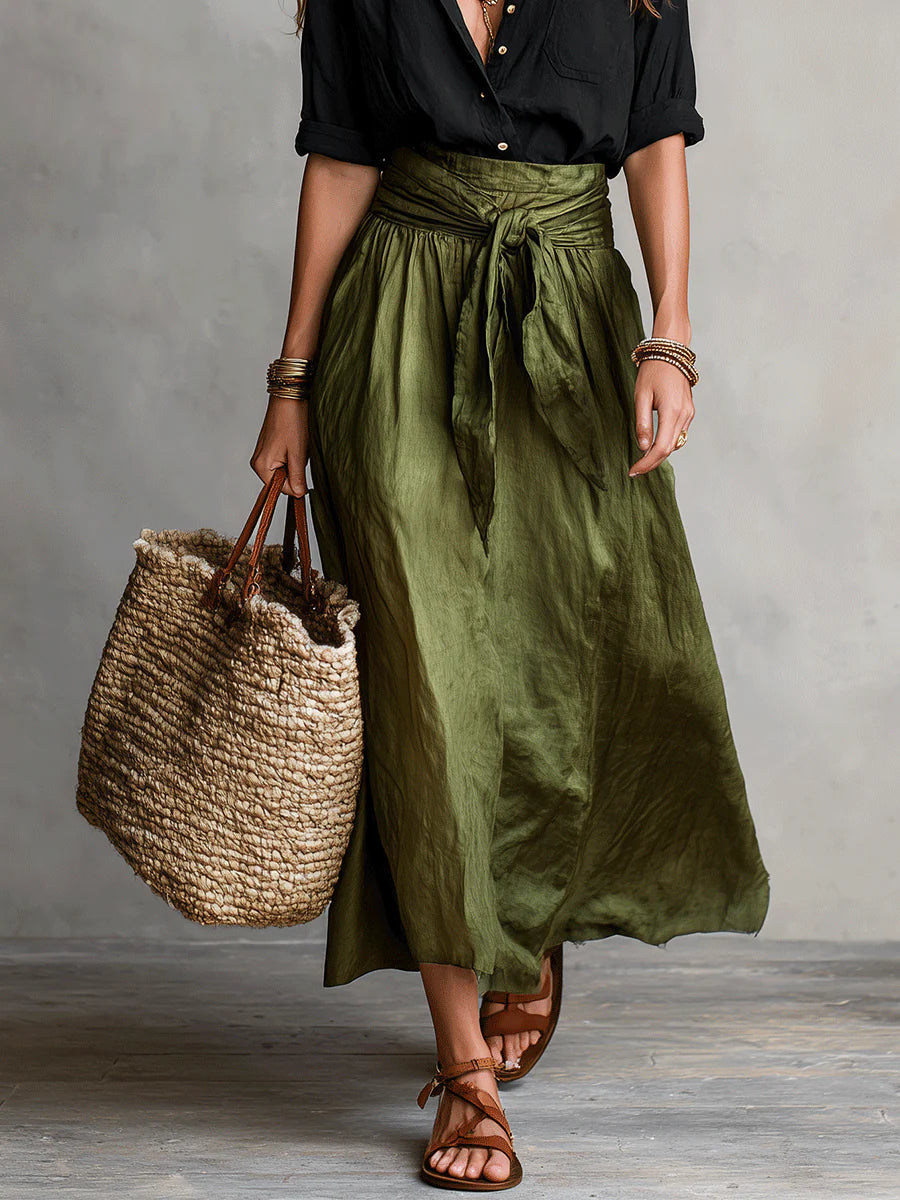 Vera | Two-Piece Set with Black T-Shirt and Olive Midi Skirt