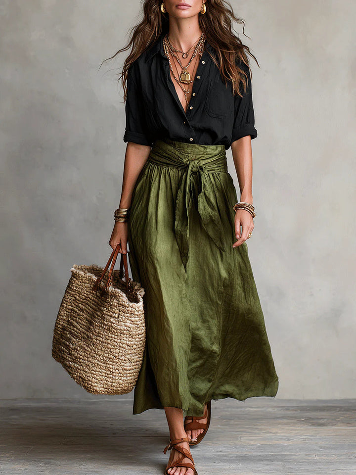 Vera | Two-Piece Set with Black T-Shirt and Olive Midi Skirt
