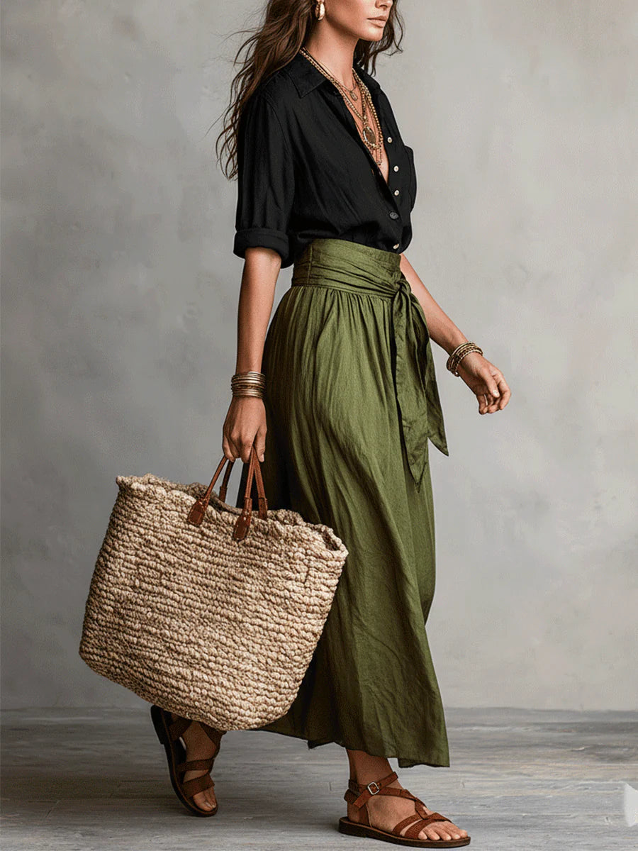 Vera | Two-Piece Set with Black T-Shirt and Olive Midi Skirt