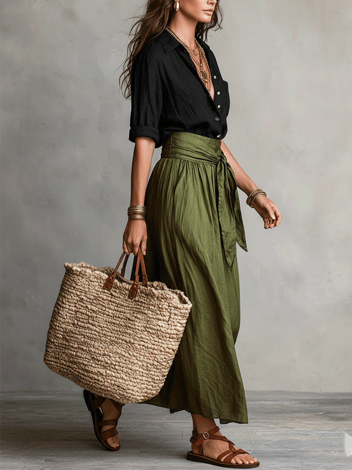 Vera | Two-Piece Set with Black T-Shirt and Olive Midi Skirt