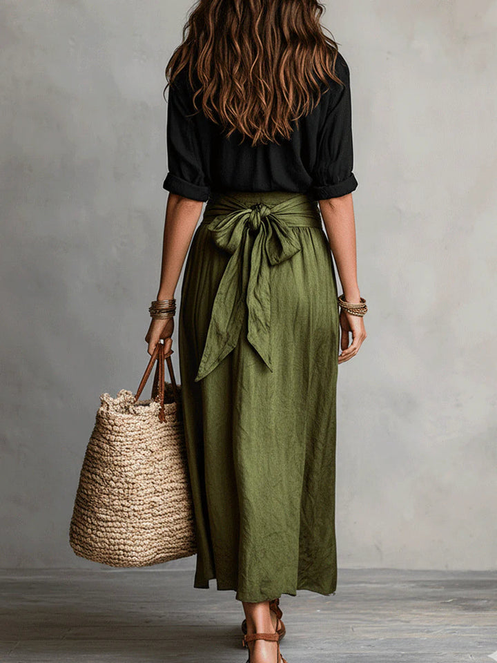 Vera | Two-Piece Set with Black T-Shirt and Olive Midi Skirt