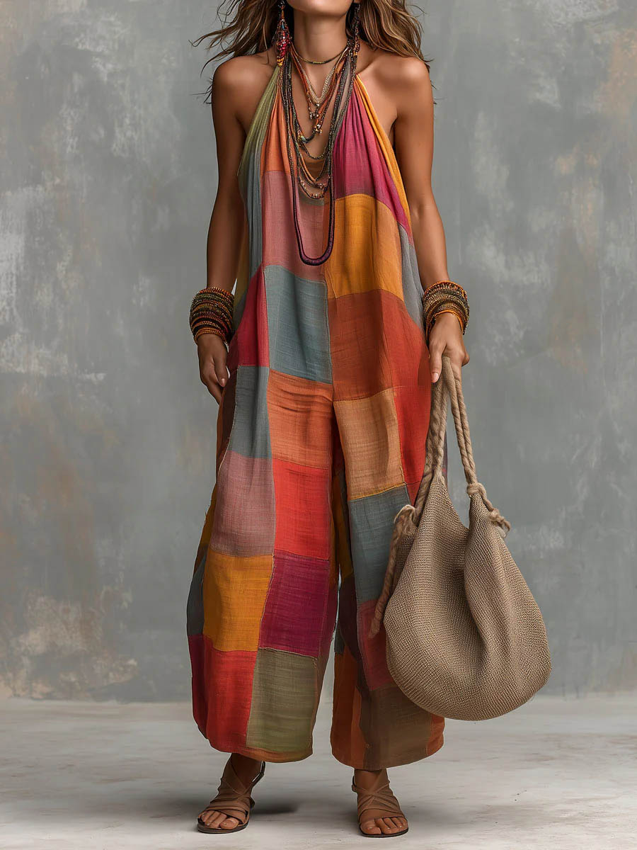 Izzorae | Loose Cotton and Linen Jumpsuit, Patchwork Style