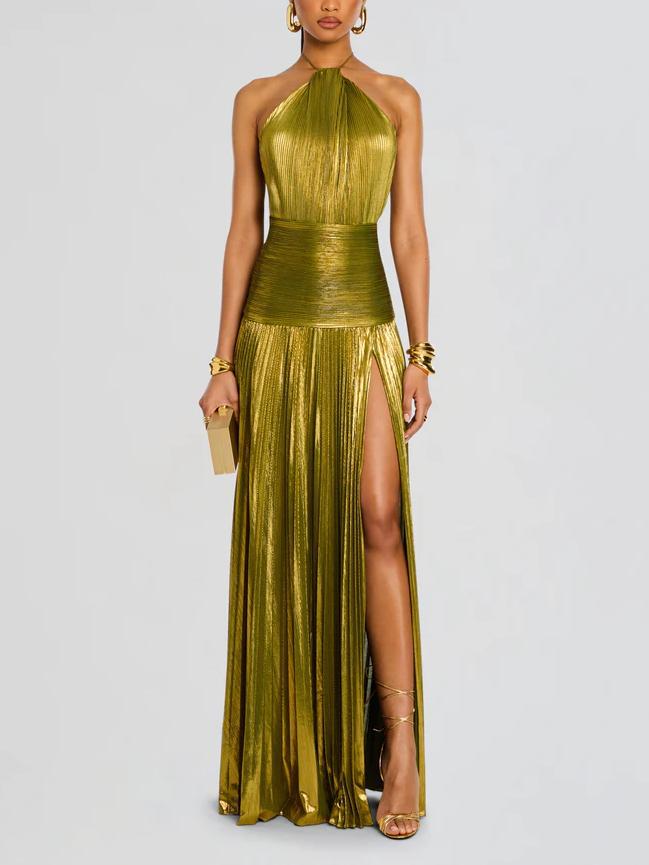 Trendy Metallic Pleated Halter Dress