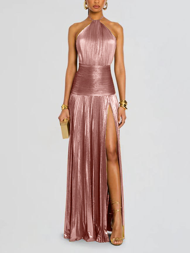 Trendy Metallic Pleated Halter Dress