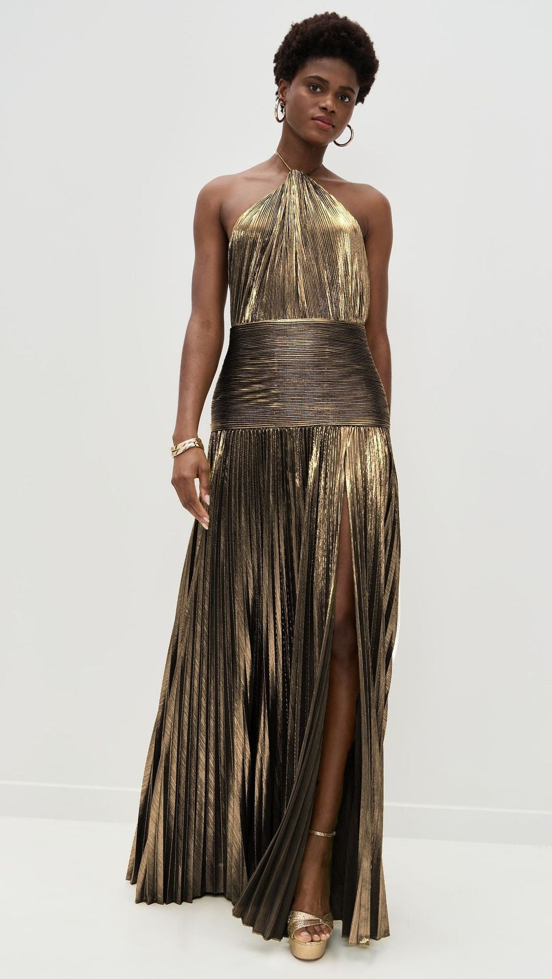 Trendy Metallic Pleated Halter Dress