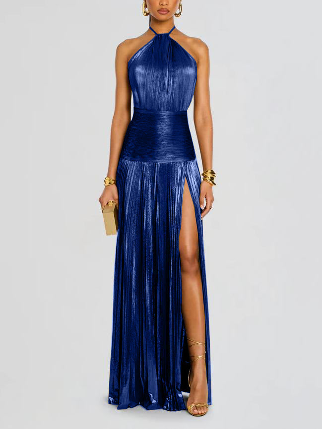 Trendy Metallic Pleated Halter Dress