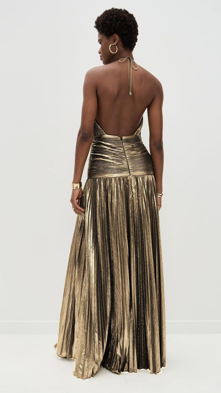 Trendy Metallic Pleated Halter Dress